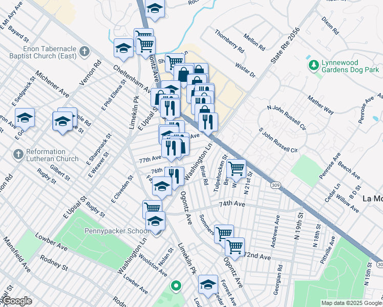 map of restaurants, bars, coffee shops, grocery stores, and more near 2338 77th Avenue in Philadelphia