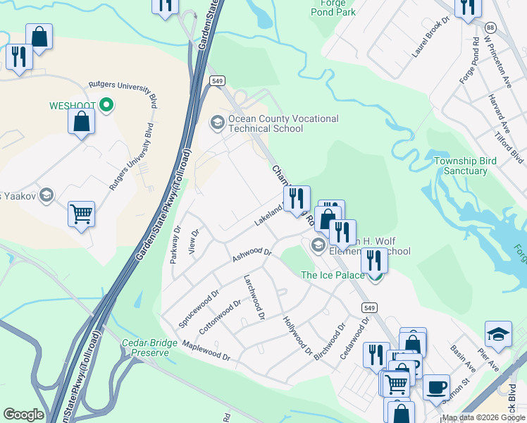 map of restaurants, bars, coffee shops, grocery stores, and more near 77 Lakeland Drive in Brick Township