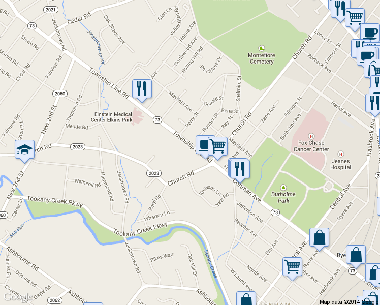 map of restaurants, bars, coffee shops, grocery stores, and more near in Elkins Park