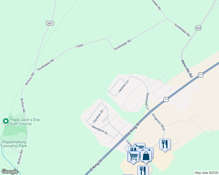 map of restaurants, bars, coffee shops, grocery stores, and more near 100 Deerfield Lane in Shippensburg