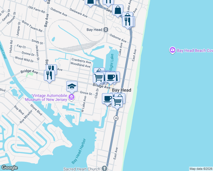 map of restaurants, bars, coffee shops, grocery stores, and more near 80 Bridge Avenue in Bay Head