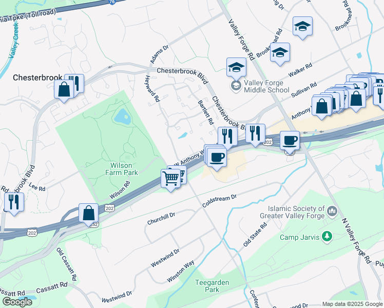 map of restaurants, bars, coffee shops, grocery stores, and more near 15 Le Forge Court in Chesterbrook