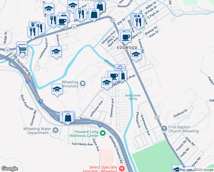 map of restaurants, bars, coffee shops, grocery stores, and more near 106 Washington Avenue in Wheeling