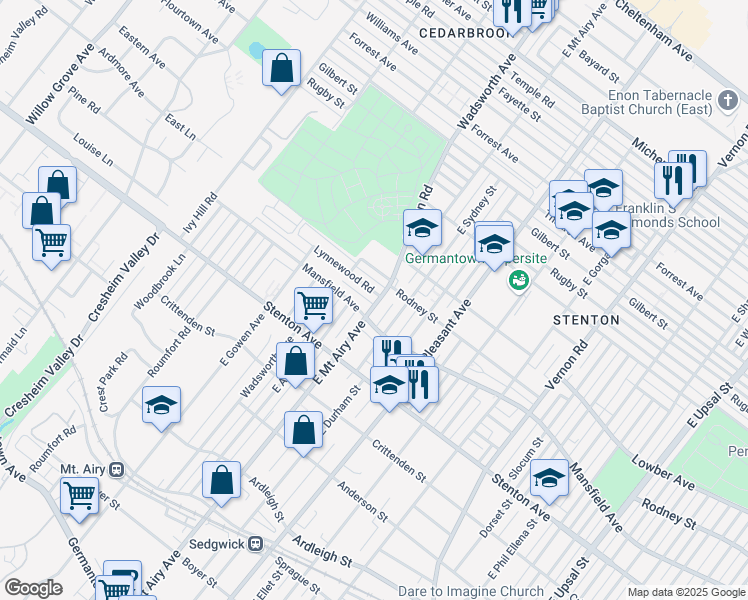 map of restaurants, bars, coffee shops, grocery stores, and more near 8300 Lynnewood Road in Philadelphia