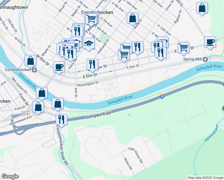 map of restaurants, bars, coffee shops, grocery stores, and more near 307 Washington Street in Conshohocken