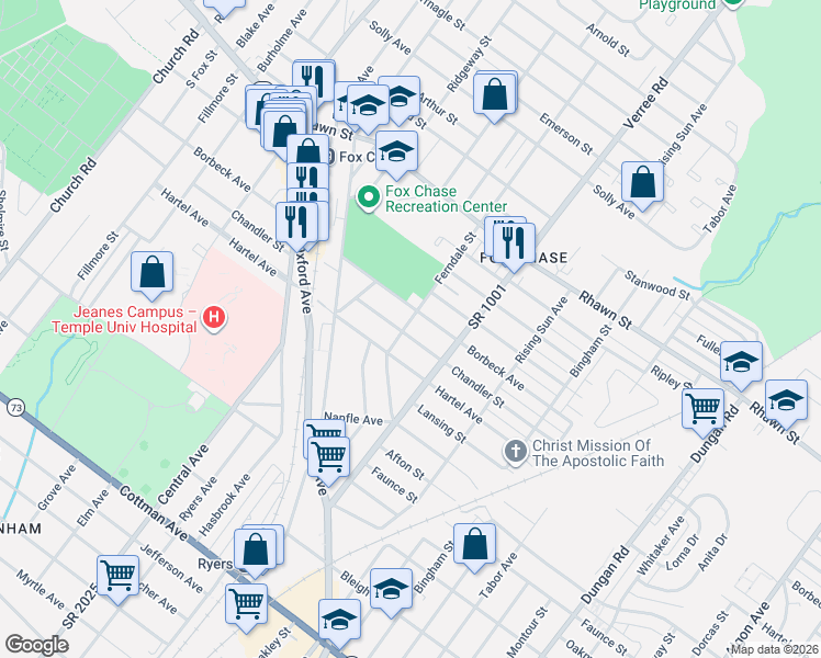 map of restaurants, bars, coffee shops, grocery stores, and more near 737 Chandler Street in Philadelphia