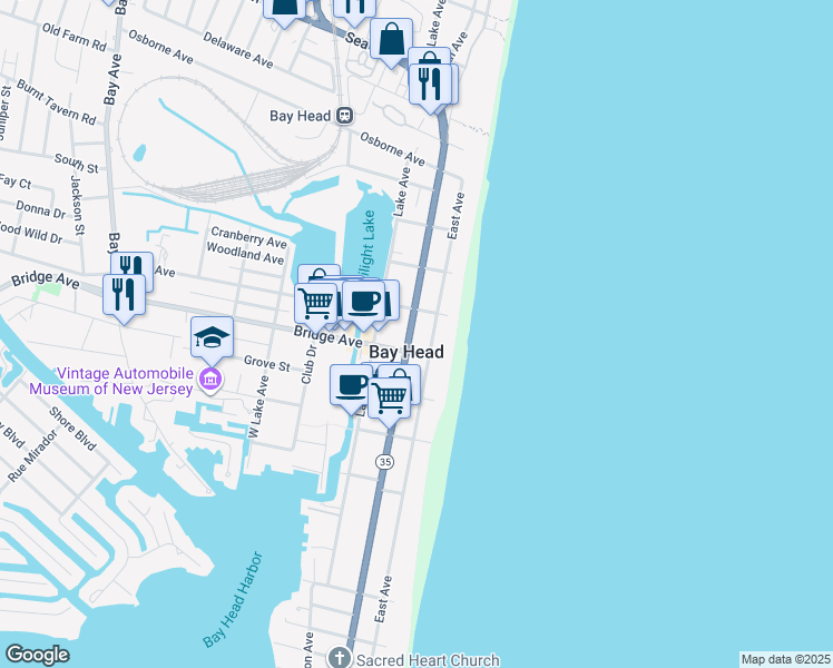map of restaurants, bars, coffee shops, grocery stores, and more near in Bay Head