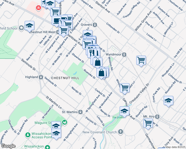 map of restaurants, bars, coffee shops, grocery stores, and more near 8031 Roanoke Street in Philadelphia
