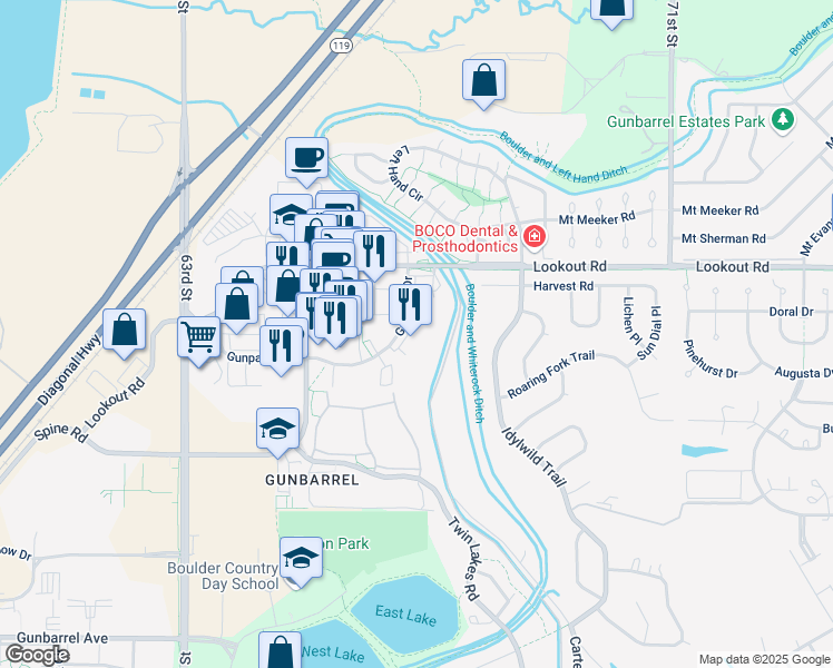 map of restaurants, bars, coffee shops, grocery stores, and more near 6672 Gunpark Drive in Boulder