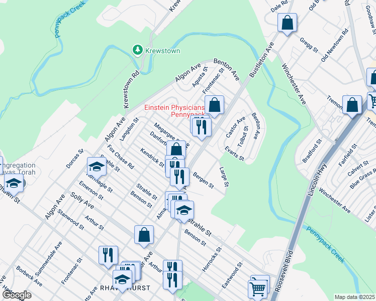 map of restaurants, bars, coffee shops, grocery stores, and more near 8425 Loretto Avenue in Philadelphia