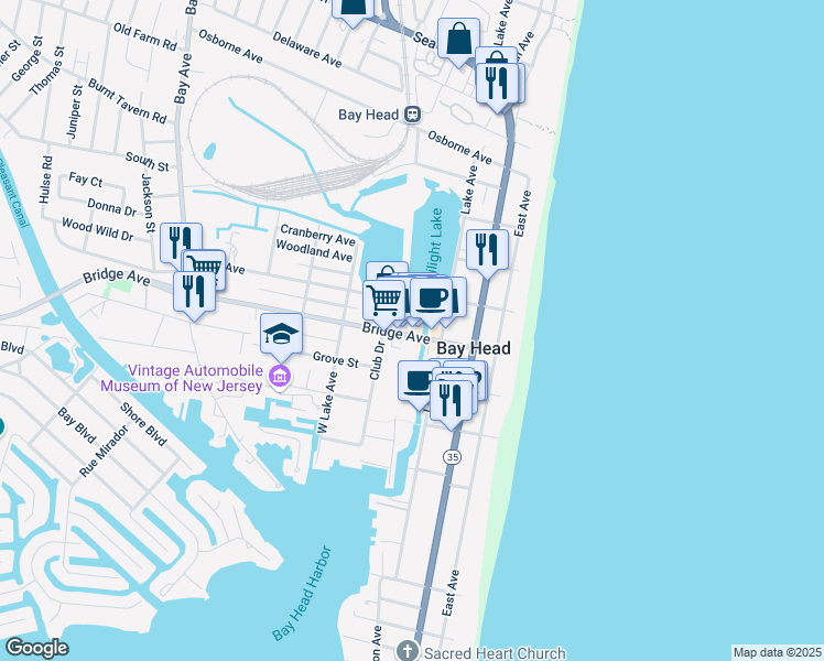 map of restaurants, bars, coffee shops, grocery stores, and more near 80 Bridge Avenue in Point Pleasant Beach