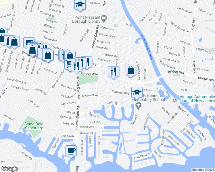 map of restaurants, bars, coffee shops, grocery stores, and more near 2202 Beach Boulevard in Point Pleasant