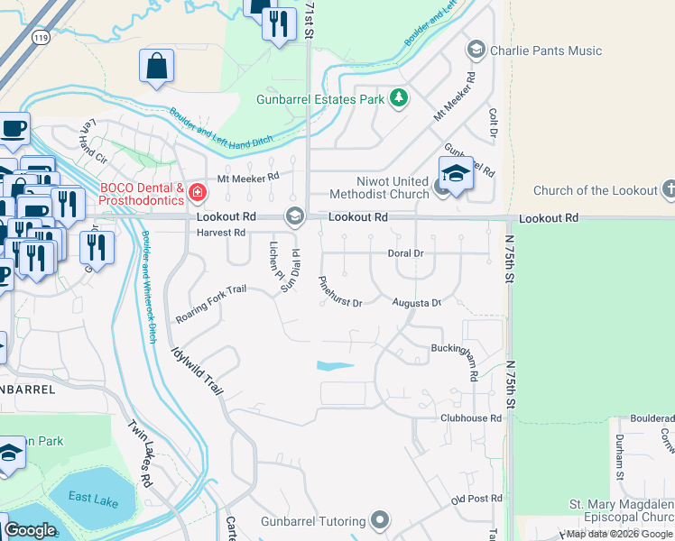 map of restaurants, bars, coffee shops, grocery stores, and more near 5304 Deer Creek Court in Boulder