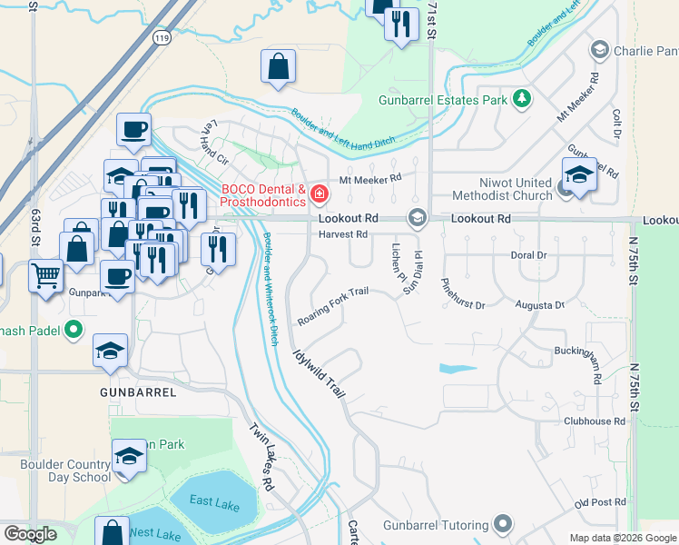 map of restaurants, bars, coffee shops, grocery stores, and more near 6930 Hunter Place in Boulder