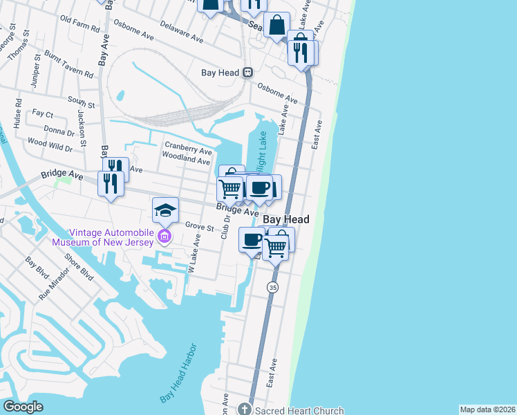 map of restaurants, bars, coffee shops, grocery stores, and more near 80 Bridge Avenue in Bay Head