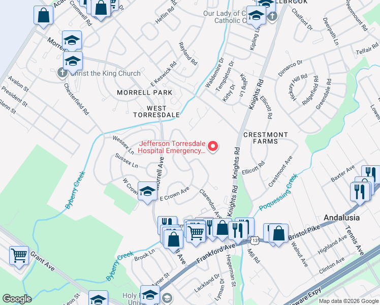 map of restaurants, bars, coffee shops, grocery stores, and more near 3597 Nottingham Lane in Philadelphia