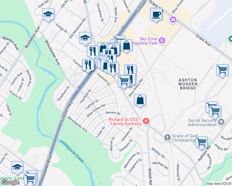 map of restaurants, bars, coffee shops, grocery stores, and more near 2621 Tremont Street in Philadelphia