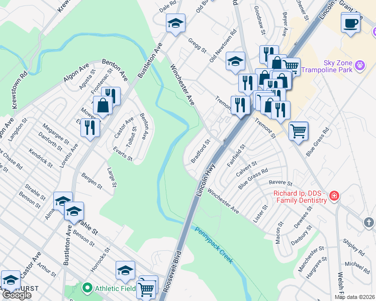 map of restaurants, bars, coffee shops, grocery stores, and more near 8830 Bradford Street in Philadelphia