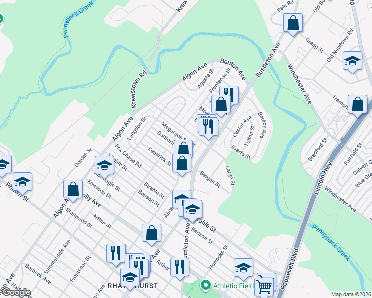 map of restaurants, bars, coffee shops, grocery stores, and more near 8425 Loretto Avenue in Philadelphia