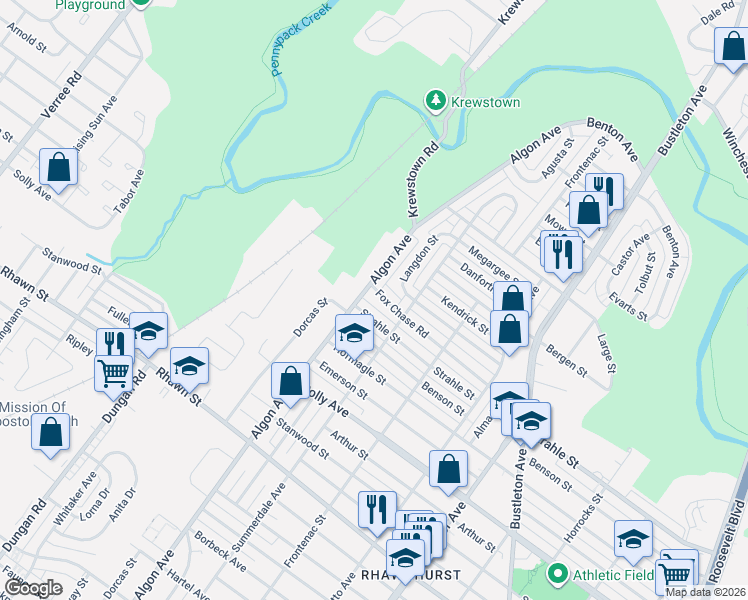 map of restaurants, bars, coffee shops, grocery stores, and more near 1615 Fox Chase Road in Philadelphia