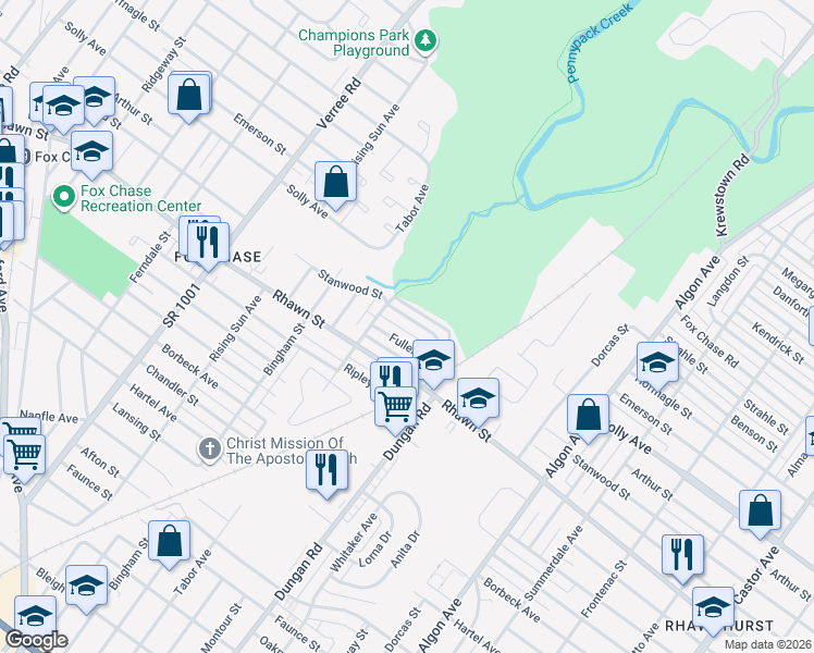 map of restaurants, bars, coffee shops, grocery stores, and more near 1210 Stanwood Street in Philadelphia