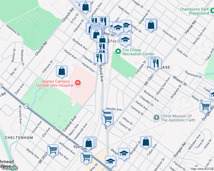 map of restaurants, bars, coffee shops, grocery stores, and more near 7751 Oxford Avenue in Philadelphia