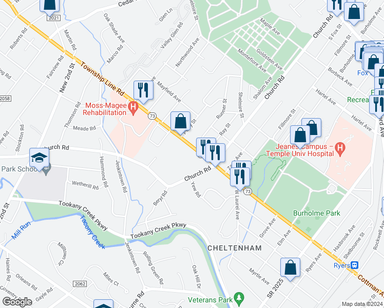 map of restaurants, bars, coffee shops, grocery stores, and more near in Elkins Park