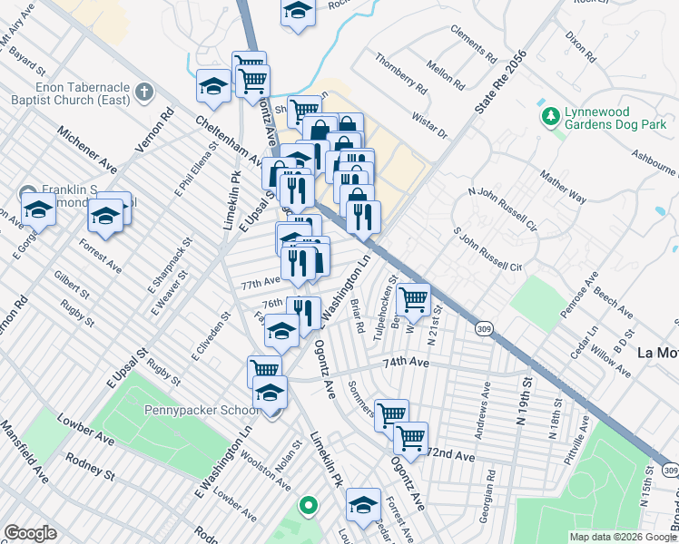map of restaurants, bars, coffee shops, grocery stores, and more near 2338 77th Avenue in Philadelphia