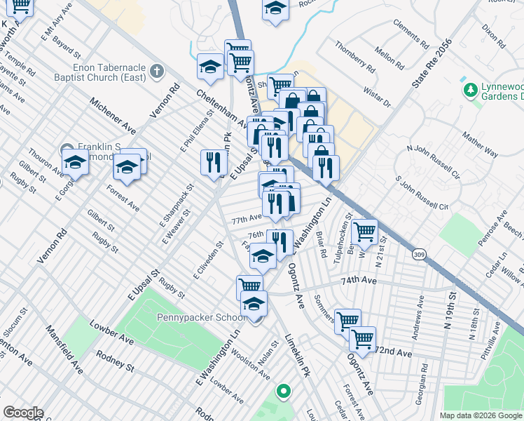 map of restaurants, bars, coffee shops, grocery stores, and more near 2442 78th Avenue in Philadelphia