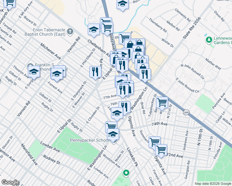 map of restaurants, bars, coffee shops, grocery stores, and more near 2442 78th Avenue in Philadelphia