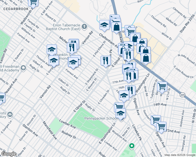 map of restaurants, bars, coffee shops, grocery stores, and more near 7701 Fayette Street in Philadelphia