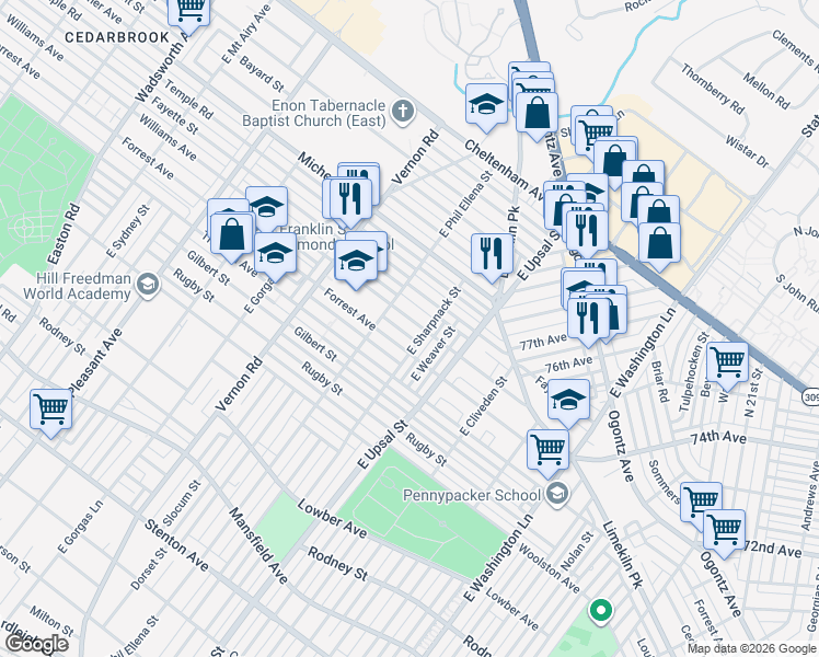 map of restaurants, bars, coffee shops, grocery stores, and more near 7828 Williams Avenue in Philadelphia