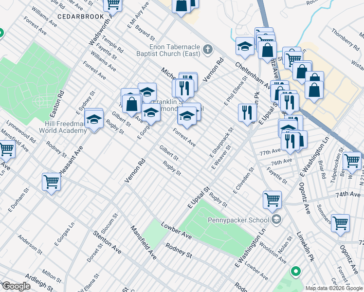map of restaurants, bars, coffee shops, grocery stores, and more near 7910 Forrest Avenue in Philadelphia