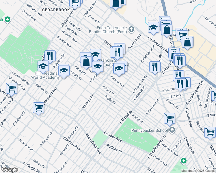 map of restaurants, bars, coffee shops, grocery stores, and more near 7943 Thouron Avenue in Philadelphia