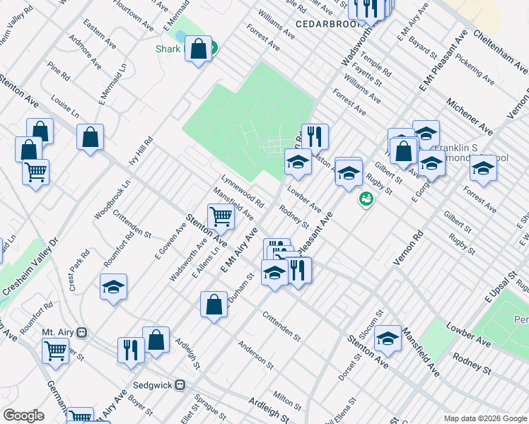 map of restaurants, bars, coffee shops, grocery stores, and more near 8303 Lynnewood Road in Philadelphia