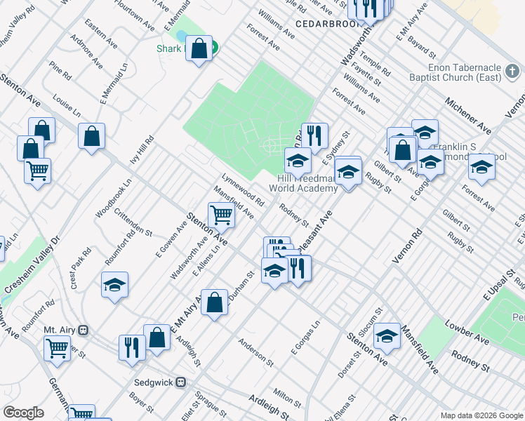 map of restaurants, bars, coffee shops, grocery stores, and more near 8303 Lynnewood Road in Philadelphia