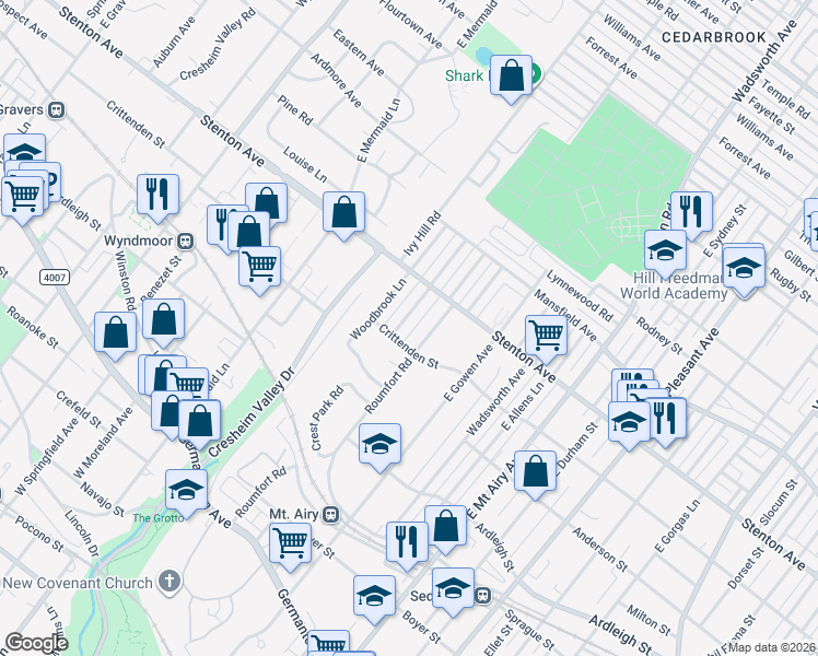map of restaurants, bars, coffee shops, grocery stores, and more near 511 Roumfort Road in Philadelphia
