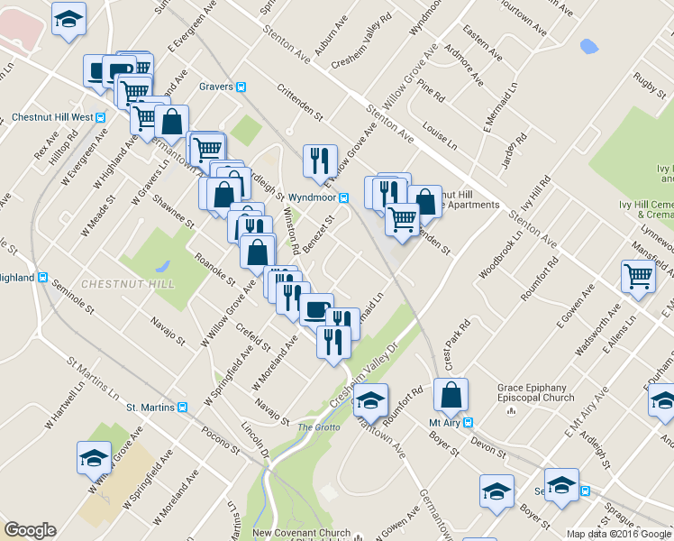 map of restaurants, bars, coffee shops, grocery stores, and more near 125 East Moreland Avenue in Philadelphia
