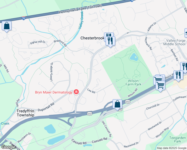 map of restaurants, bars, coffee shops, grocery stores, and more near 48 Flintlock Lane in Chesterbrook