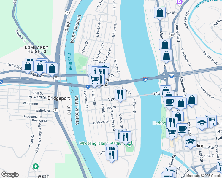 map of restaurants, bars, coffee shops, grocery stores, and more near in Wheeling