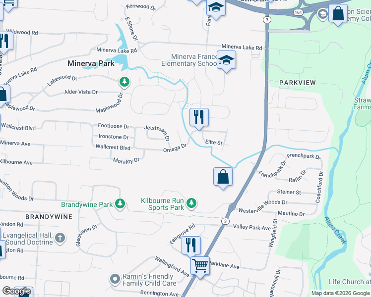 map of restaurants, bars, coffee shops, grocery stores, and more near 3283 Omega Drive in Columbus