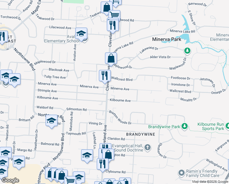 map of restaurants, bars, coffee shops, grocery stores, and more near 4970 Cleveland Avenue in Columbus