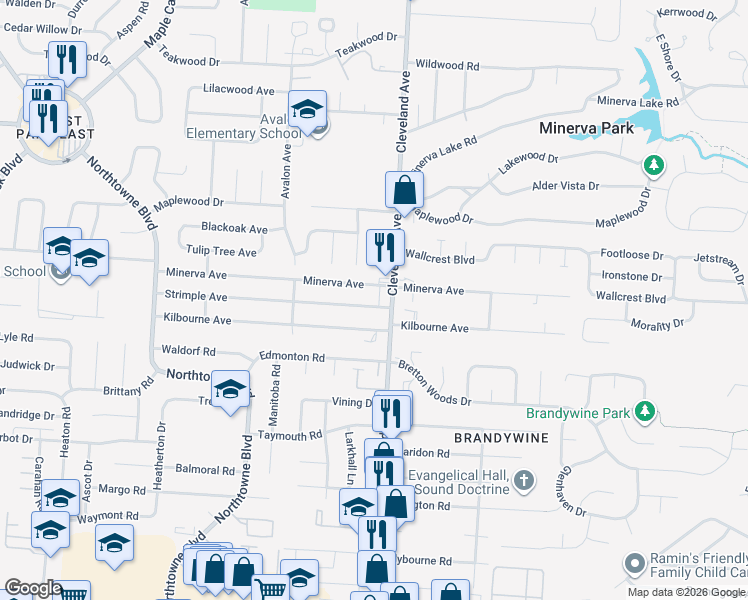 map of restaurants, bars, coffee shops, grocery stores, and more near 2601 Minerva Avenue in Columbus