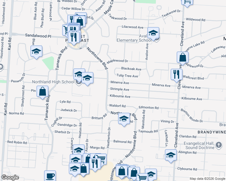map of restaurants, bars, coffee shops, grocery stores, and more near 4998 Northtowne Boulevard in Columbus