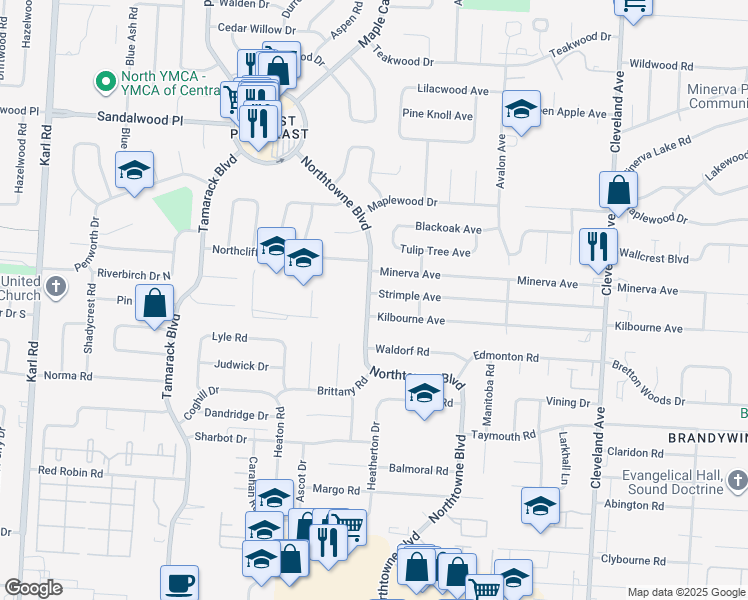 map of restaurants, bars, coffee shops, grocery stores, and more near 4998 Northtowne Boulevard in Columbus