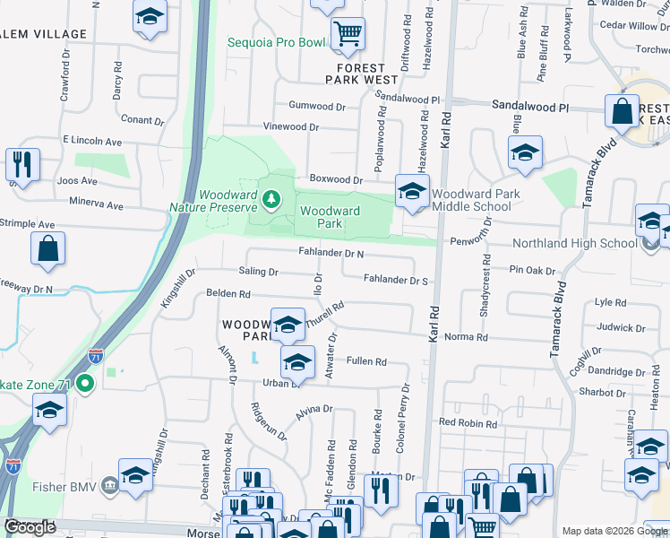 map of restaurants, bars, coffee shops, grocery stores, and more near 1381 Fahlander Drive South in Columbus