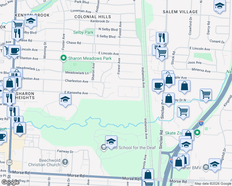 map of restaurants, bars, coffee shops, grocery stores, and more near 5208 Hitesman Way in Columbus