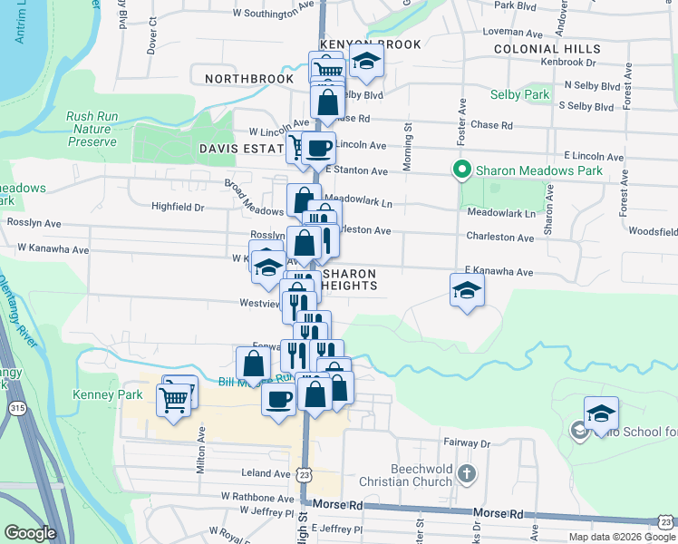 map of restaurants, bars, coffee shops, grocery stores, and more near 47 East Kanawha Avenue in Columbus