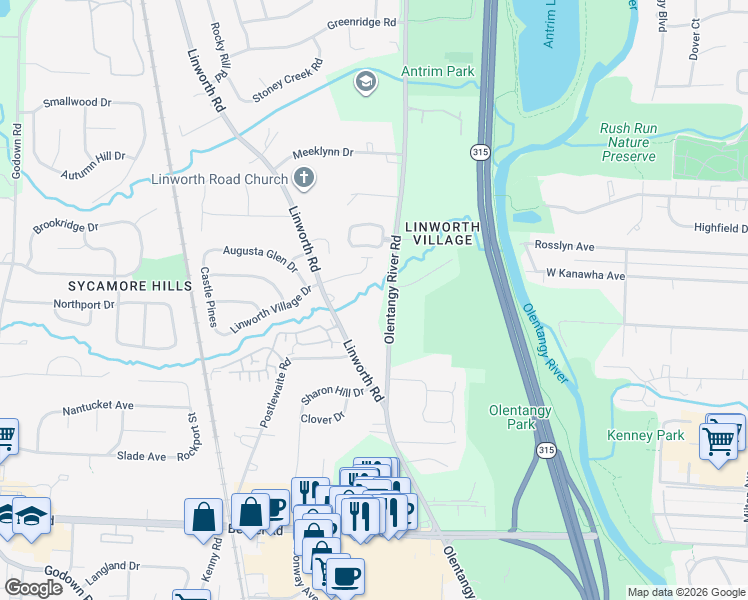 map of restaurants, bars, coffee shops, grocery stores, and more near 5435 Olentangy River Road in Columbus