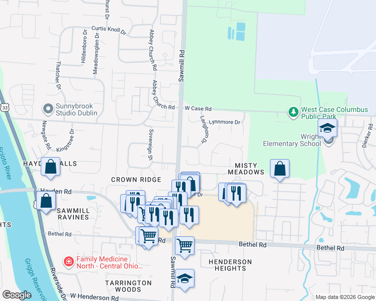 map of restaurants, bars, coffee shops, grocery stores, and more near 2821 Delcane Drive in Columbus